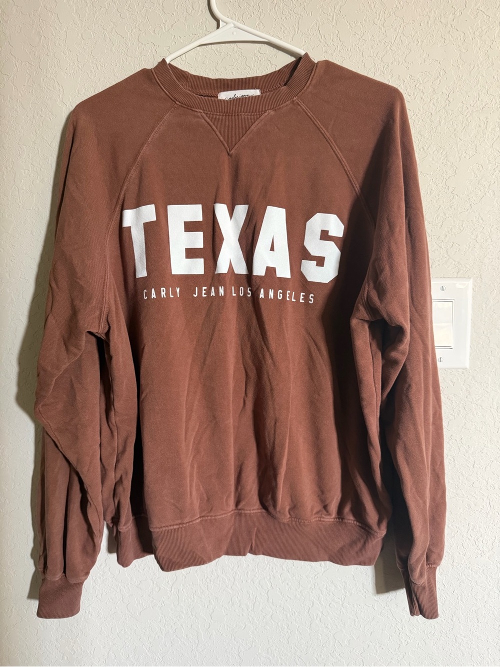 Carly Jean Los Angeles Texas Crewneck Sweatshirt - Rust Brown with White Print